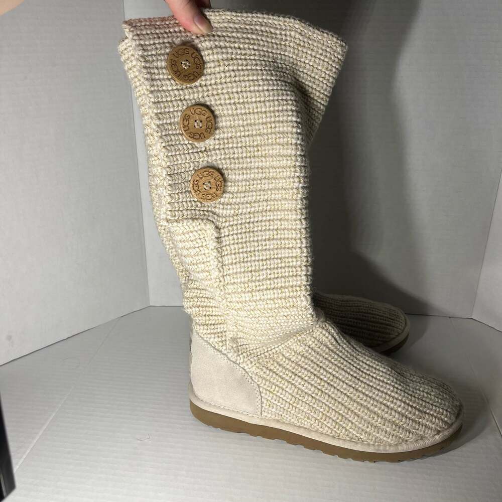 UGG Australia Classic Cardy Knit Boots with Button Detail in Cream, Size 9 US (4